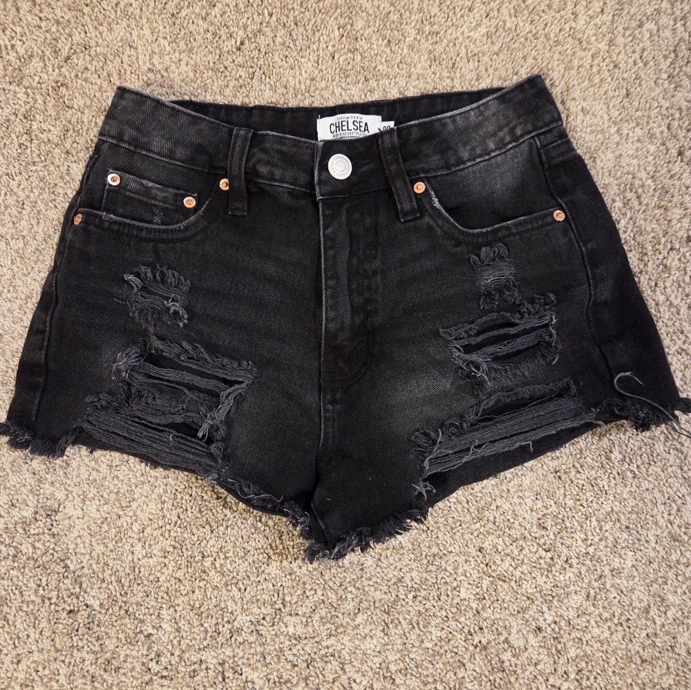 CHELSEA Black Distressed High-Rise Denim Shorts